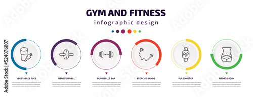 gym and fitness infographic element with icons and 6 step or option. gym and fitness icons such as vegetables juice, fitness wheel, dumbbells bar, exercise bands, pulsometer, body vector. can be
