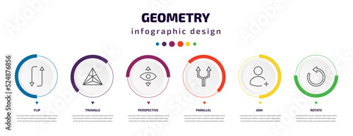 geometry infographic element with icons and 6 step or option. geometry icons such as flip, triangle, perspective, parallel, join, rotate vector. can be used for banner, info graph, web,