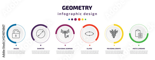 geometry infographic element with icons and 6 step or option. geometry icons such as unlock, diameter, polygonal scorpion, ellipse, polygonal giraffe, paste clipboard vector. can be used for banner,