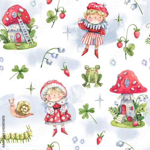 Fotografia Cute cartoon seamless background with fly agaric houses, elves in fly agaric costumes and forest plants