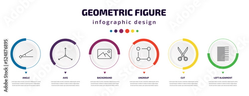 geometric figure infographic element with icons and 6 step or option. geometric figure icons such as angle, axis, background, ungroup, cut, left alignment vector. can be used for banner, info graph,