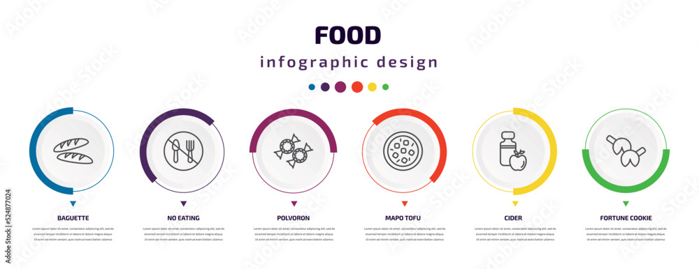 food infographic element with icons and 6 step or option. food icons such as baguette, no eating, polvoron, mapo tofu, cider, fortune cookie vector. can be used for banner, info graph, web, food infographic element with icons and 6 step or option. food icons such as baguette, no eating, polvoron, mapo tofu, cider, fortune cookie vector. can be used for banner, info graph, web,