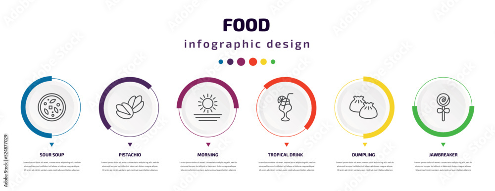 food infographic element with icons and 6 step or option. food icons such as sour soup, pistachio, morning, tropical drink, dumpling, jawbreaker vector. can be used for banner, info graph, web, food infographic element with icons and 6 step or option. food icons such as sour soup, pistachio, morning, tropical drink, dumpling, jawbreaker vector. can be used for banner, info graph, web,