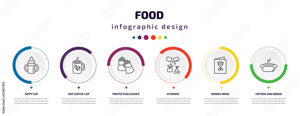 food infographic element with icons and 6 step or option. food icons such as sippy cup, hot coffee cup, protection gloves, vitamins, drinks menu, hotdog and bread vector. can be used for banner, food infographic element with icons and 6 step or option. food icons such as sippy cup, hot coffee cup, protection gloves, vitamins, drinks menu, hotdog and bread vector. can be used for banner,