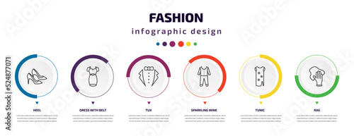 fashion infographic element with icons and 6 step or option. fashion icons such as heel, dress with belt, tux, sparkling wine, tunic, rag vector. can be used for banner, info graph, web,