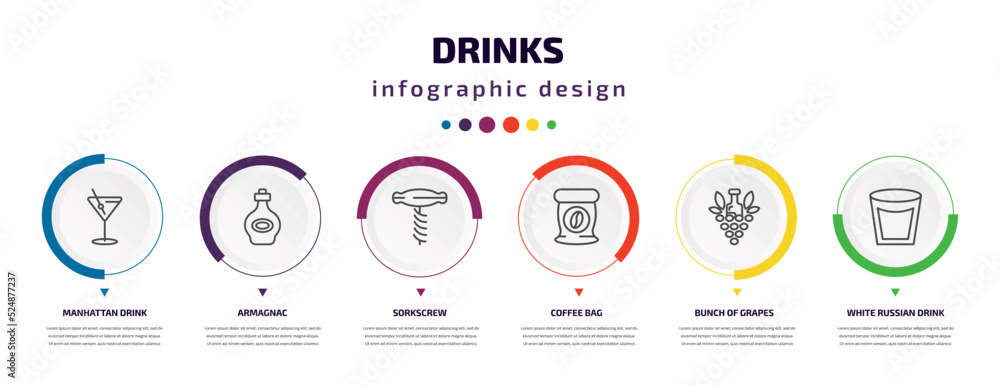 drinks infographic element with icons and 6 step or option. drinks icons such as manhattan drink, armagnac, sorkscrew, coffee bag, bunch of grapes, white russian drink vector. can be used for drinks infographic element with icons and 6 step or option. drinks icons such as manhattan drink, armagnac, sorkscrew, coffee bag, bunch of grapes, white russian drink vector. can be used for