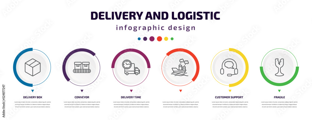 delivery and logistic infographic element with icons and 6 step or option. delivery and logistic icons such as delivery box, conveyor, time, , customer support, fragile vector. can be used for delivery and logistic infographic element with icons and 6 step or option. delivery and logistic icons such as delivery box, conveyor, time, , customer support, fragile vector. can be used for