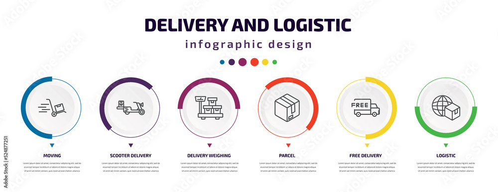 delivery and logistic infographic element with icons and 6 step or option. delivery and logistic icons such as moving, scooter delivery, weighing, parcel, free logistic vector. can be used for delivery and logistic infographic element with icons and 6 step or option. delivery and logistic icons such as moving, scooter delivery, weighing, parcel, free logistic vector. can be used for