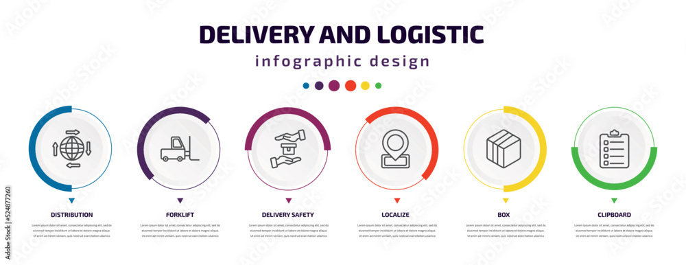 delivery and logistic infographic element with icons and 6 step or option. delivery and logistic icons such as distribution, forklift, delivery safety, localize, box, clipboard vector. can be used delivery and logistic infographic element with icons and 6 step or option. delivery and logistic icons such as distribution, forklift, delivery safety, localize, box, clipboard vector. can be used