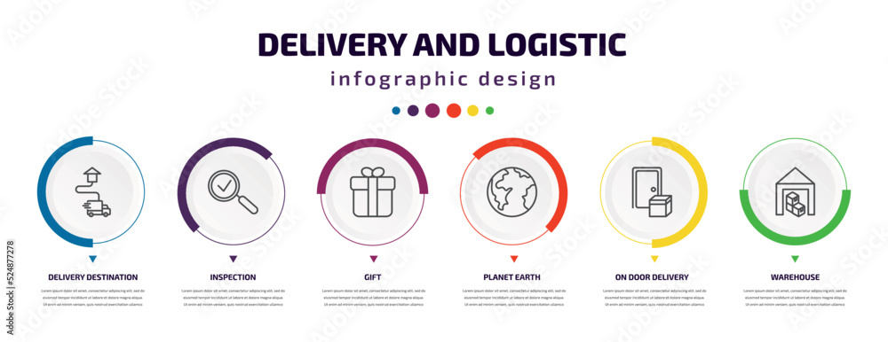 delivery and logistic infographic element with icons and 6 step or option. delivery and logistic icons such as delivery destination, inspection, gift, planet earth, on door warehouse vector. can be delivery and logistic infographic element with icons and 6 step or option. delivery and logistic icons such as delivery destination, inspection, gift, planet earth, on door warehouse vector. can be