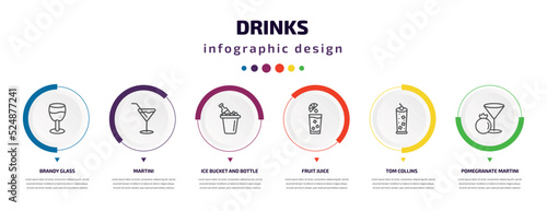 drinks infographic element with icons and 6 step or option. drinks icons such as brandy glass, martini, ice bucket and bottle, fruit juice, tom collins, pomegranate martini vector. can be used for