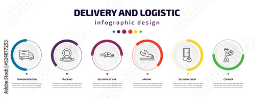 delivery and logistic infographic element with icons and 6 step or option. delivery and logistic icons such as transportation, tracking, delivery by car, arrival, door, courier vector. can be used