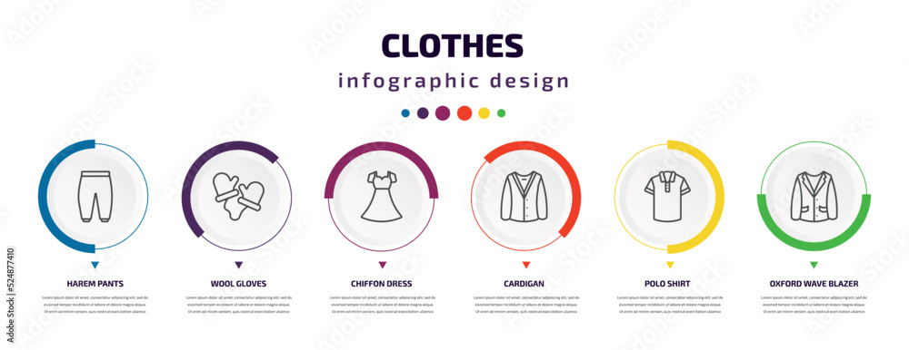 clothes infographic element with icons and 6 step or option. clothes icons such as harem pants, wool gloves, chiffon dress, cardigan, polo shirt, oxford wave blazer vector. can be used for banner,