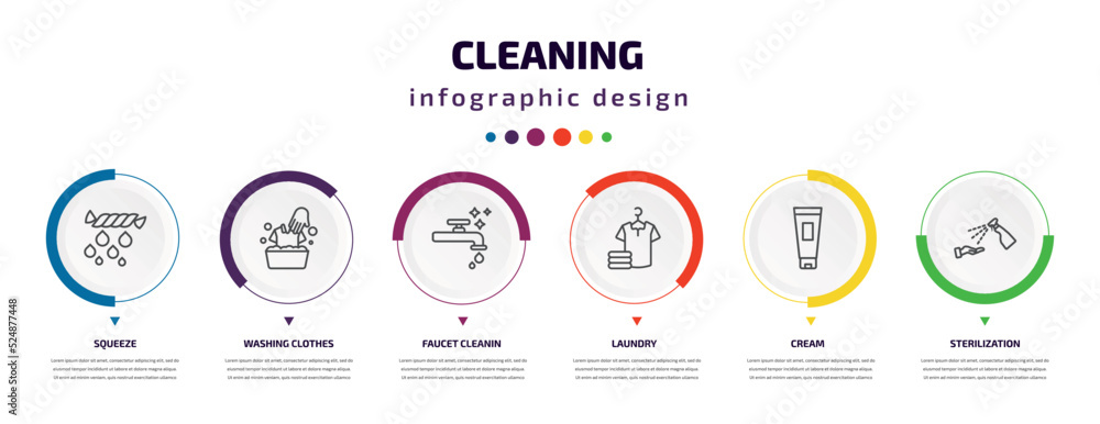cleaning infographic element with icons and 6 step or option. cleaning icons such as squeeze, washing clothes, faucet cleanin, laundry, cream, sterilization vector. can be used for banner, info cleaning infographic element with icons and 6 step or option. cleaning icons such as squeeze, washing clothes, faucet cleanin, laundry, cream, sterilization vector. can be used for banner, info