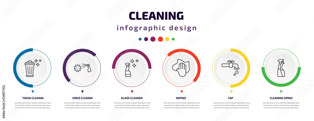 cleaning infographic element with icons and 6 step or option. cleaning icons such as trash cleanin, virus cleanin, glass cleaner, wiping, tap, cleaning spray vector. can be used for banner, info cleaning infographic element with icons and 6 step or option. cleaning icons such as trash cleanin, virus cleanin, glass cleaner, wiping, tap, cleaning spray vector. can be used for banner, info