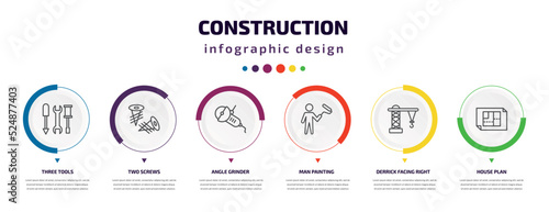 construction infographic element with icons and 6 step or option. construction icons such as three tools, two screws, angle grinder, man painting, derrick facing right, house plan vector. can be