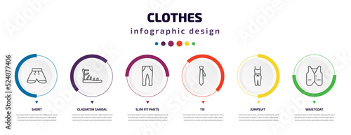 clothes infographic element with icons and 6 step or option. clothes icons such as short, gladiator sandal, slim fit pants, tie, jumpsuit, waistcoat vector. can be used for banner, info graph, web,