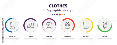 clothes infographic element with icons and 6 step or option. clothes icons such as peplum top, boxers, sweatshirt, trench coat, wool boots, lingerie vector. can be used for banner, info graph, web,