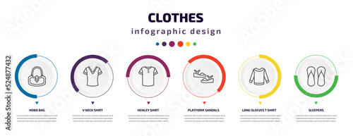 clothes infographic element with icons and 6 step or option. clothes icons such as hobo bag, v neck shirt, henley shirt, platform sandals, long sleeves t shirt, sleepers vector. can be used for