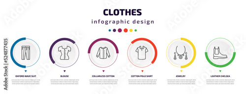 clothes infographic element with icons and 6 step or option. clothes icons such as oxford wave suit pants, blouse, collarless cotton shirt, cotton polo shirt, jewelry, leather chelsea boots vector.
