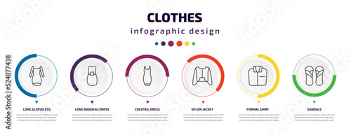 clothes infographic element with icons and 6 step or option. clothes icons such as long sleeveless dress, long bandeau dress, cocktail dress, nylon jacket, formal shirt, sandals vector. can be used