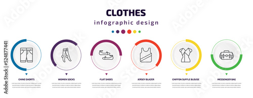 clothes infographic element with icons and 6 step or option. clothes icons such as chino shorts, women socks, flat shoes, jersey blazer, chiffon suffle blouse, messenger bag vector. can be used for