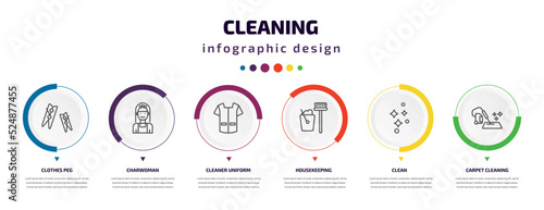 cleaning infographic element with icons and 6 step or option. cleaning icons such as clothes peg, charwoman, cleaner uniform, housekeeping, clean, carpet cleaning vector. can be used for banner,