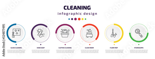 cleaning infographic element with icons and 6 step or option. cleaning icons such as glass cleaning, hand soap, clothes clean room, floor mop, hygroscopic vector. can be used for banner, info graph,
