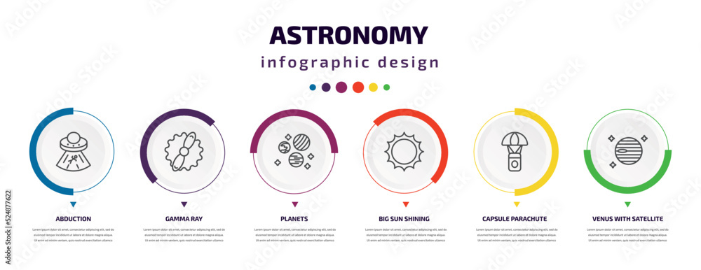 astronomy infographic element with icons and 6 step or option. astronomy icons such as abduction, gamma ray, planets, big sun shining, capsule parachute, venus with satellite vector. can be used for