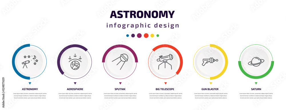 astronomy infographic element with icons and 6 step or option. astronomy icons such as astronomy, aerosphere, sputnik, big telescope, gun blaster, saturn vector. can be used for banner, info graph,