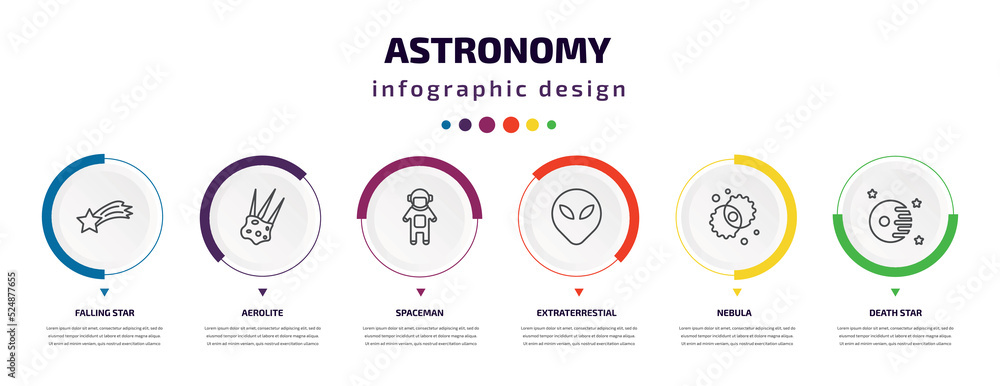 astronomy infographic element with icons and 6 step or option. astronomy icons such as falling star, aerolite, spaceman, extraterrestial head, nebula, death star vector. can be used for banner, info astronomy infographic element with icons and 6 step or option. astronomy icons such as falling star, aerolite, spaceman, extraterrestial head, nebula, death star vector. can be used for banner, info