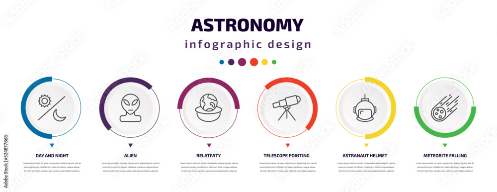 astronomy infographic element with icons and 6 step or option. astronomy icons such as day and night, alien, relativity, telescope pointing up, astranaut helmet, meteorite falling vector. can be astronomy infographic element with icons and 6 step or option. astronomy icons such as day and night, alien, relativity, telescope pointing up, astranaut helmet, meteorite falling vector. can be
