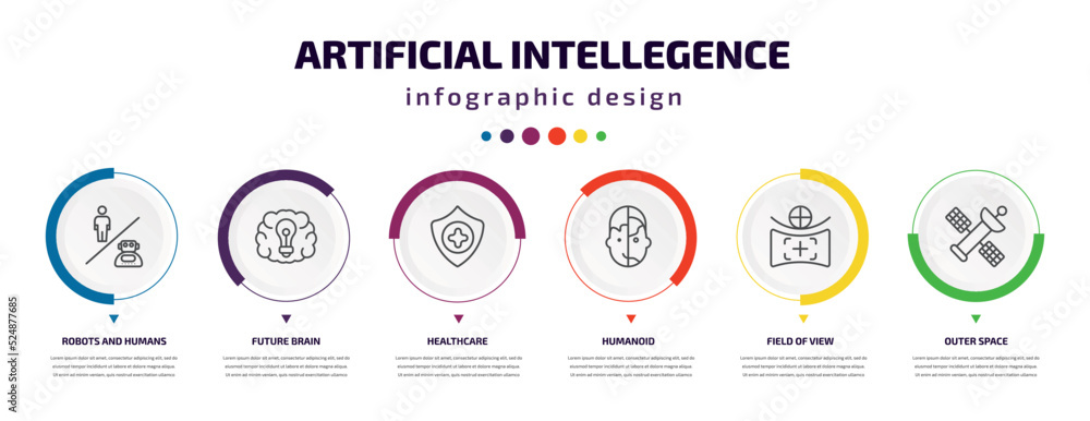 artificial intellegence infographic element with icons and 6 step or option. artificial intellegence icons such as robots and humans, future brain, healthcare, humanoid, field of view, outer space artificial intellegence infographic element with icons and 6 step or option. artificial intellegence icons such as robots and humans, future brain, healthcare, humanoid, field of view, outer space