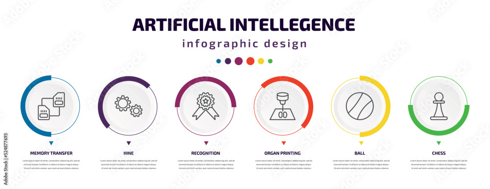 artificial intellegence infographic element with icons and 6 step or option. artificial intellegence icons such as memory transfer, hine, recognition, organ printing, ball, chess vector. can be used artificial intellegence infographic element with icons and 6 step or option. artificial intellegence icons such as memory transfer, hine, recognition, organ printing, ball, chess vector. can be used