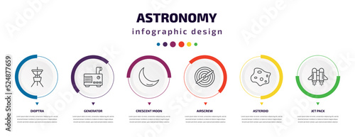 astronomy infographic element with icons and 6 step or option. astronomy icons such as dioptra, generator, crescent moon, airscrew, asteroid, jet pack vector. can be used for banner, info graph,