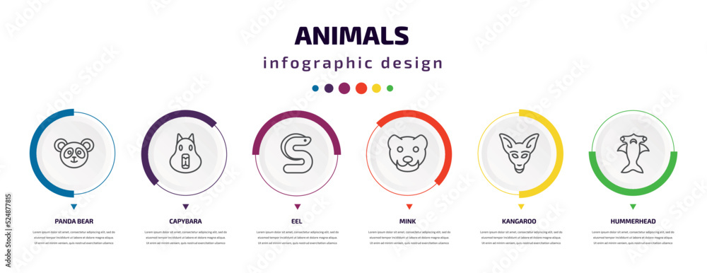 animals infographic element with icons and 6 step or option. animals icons such as panda bear, capybara, eel, mink, kangaroo, hummerhead vector. can be used for banner, info graph, web, animals infographic element with icons and 6 step or option. animals icons such as panda bear, capybara, eel, mink, kangaroo, hummerhead vector. can be used for banner, info graph, web,