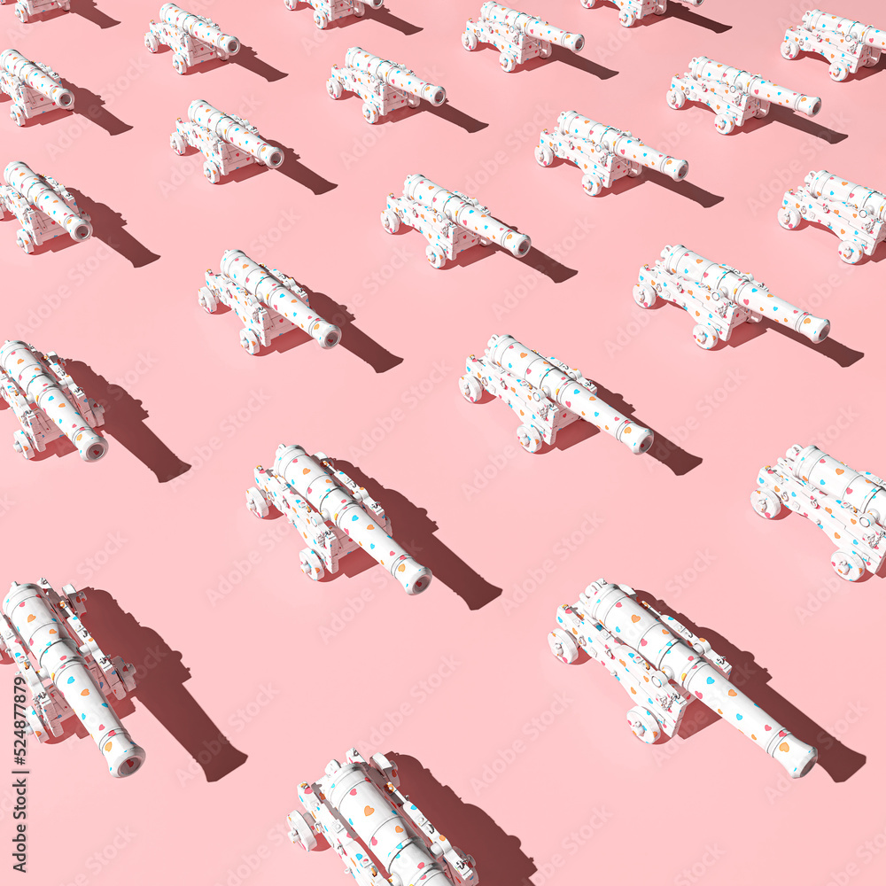3D Illustration pattern concept of a cannon of love that shoots hearts instead of bombs. Love wins in the end. Pastel pink background.. 3D Illustration pattern concept of a cannon of love that shoots hearts instead of bombs. Love wins in the end. Pastel pink background..