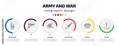 army and war infographic element with icons and 6 step or option. army and war icons such as walkie talkie, , explosion, military knife, knuckle, anchor vector. can be used for banner, info graph,