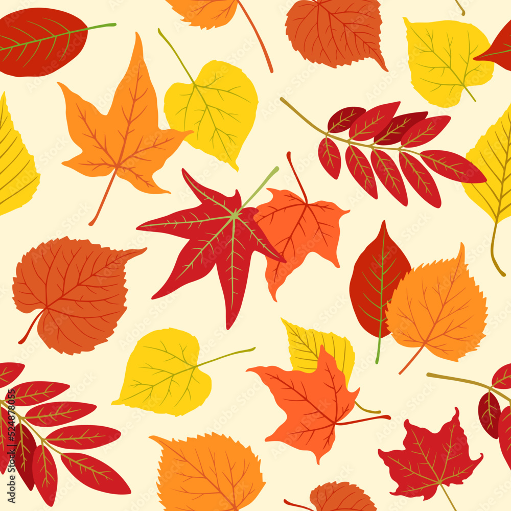 Fall seamless pattern with natural leaves falling. Autumn foliage background wallpaper repeat design.