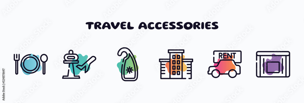 travel accessories outline icons set. thin line icons such as plate with fork and knife cross, airport, hang, hotel, rent a car, sick bag icon collection. can be used web and mobile. - obrazy, fototapety, plakaty 