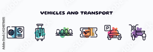vehicles and transport outline icons set. thin line icons such as open passport, bag for travel, waiting room, boarding card, parking hotel, sidecar icon collection. can be used web and mobile.
