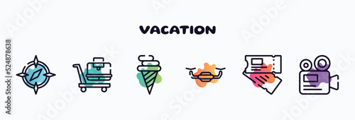 vacation outline icons set. thin line icons such as round compass, null, icecream cone, unmanned, airplane flight ticket, camera recorder icon collection. can be used web and mobile.