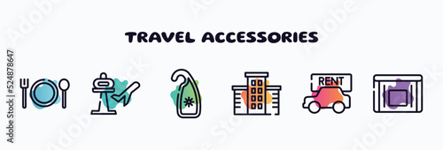 travel accessories outline icons set. thin line icons such as plate with fork and knife cross, airport, hang, hotel, rent a car, sick bag icon collection. can be used web and mobile.
