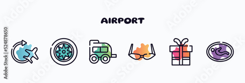 airport outline icons set. thin line icons such as airplane, car parts, two window carriage, old fashion glasses, birthday gift, nursing room icon collection. can be used web and mobile.