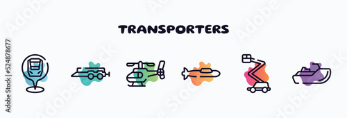 transporters outline icons set. thin line icons such as checkpoint, car trailer, helicopter side view, submarine side view, aerial lift, sea scooter icon collection. can be used web and mobile.