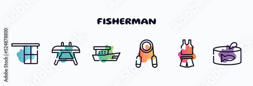 fisherman outline icons set. thin line icons such as offside, vaulting horse, fishing boat, handgrip, sport wear, tuna can icon collection. can be used web and mobile.