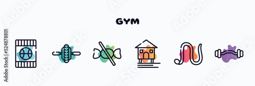 gym outline icons set. thin line icons such as blue card, electric unicycle, no sweets, stilt house, earthworm, ez bar icon collection. can be used web and mobile.