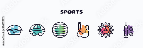 sports outline icons set. thin line icons such as pies, swimming hat, yoga ball, steroids, crank, doping icon collection. can be used web and mobile.