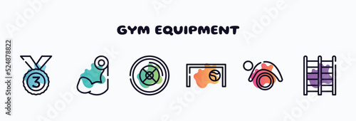 gym equipment outline icons set. thin line icons such as bronze, biceps curl, weight plates, football goal, pilates, trellis icon collection. can be used web and mobile.