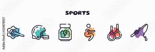 sports outline icons set. thin line icons such as crank arm, rugby helmet, whey protein, squat, gymnastic rings, fishing icon collection. can be used web and mobile.